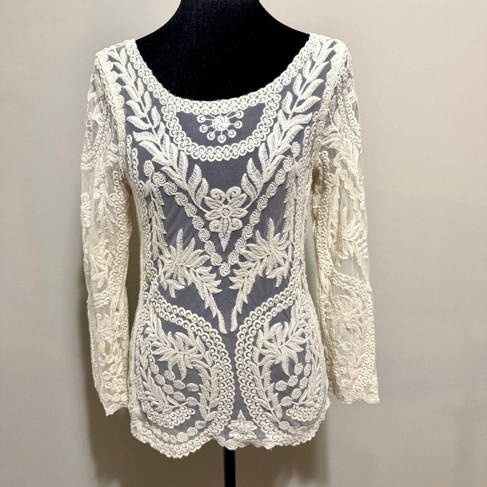 Express Top Sheer Mesh Floral Lace Scoop Neck Y2K Romantic BoHo Indie Fairy S